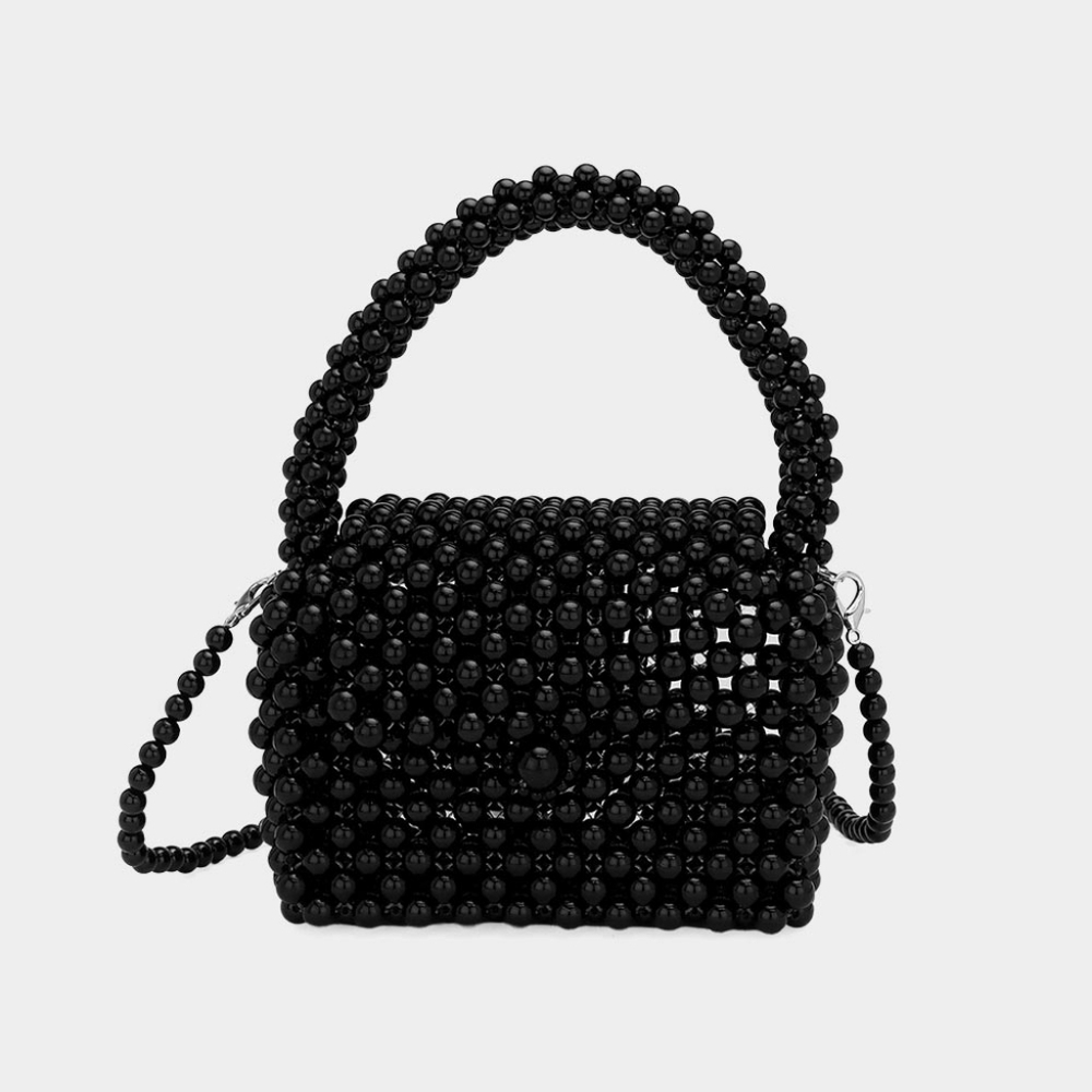 Mini Black Pearl Purse Top Handle Crossbody Clutch Handbag Womens Statement Bag